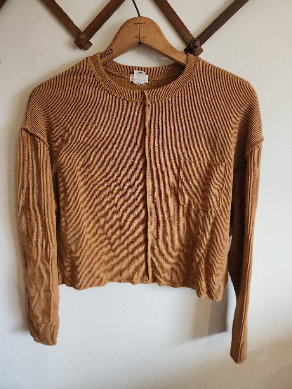 Billabong Ribbed Thermal Long Sleeve Cropped Pocket Camel Tan Xs